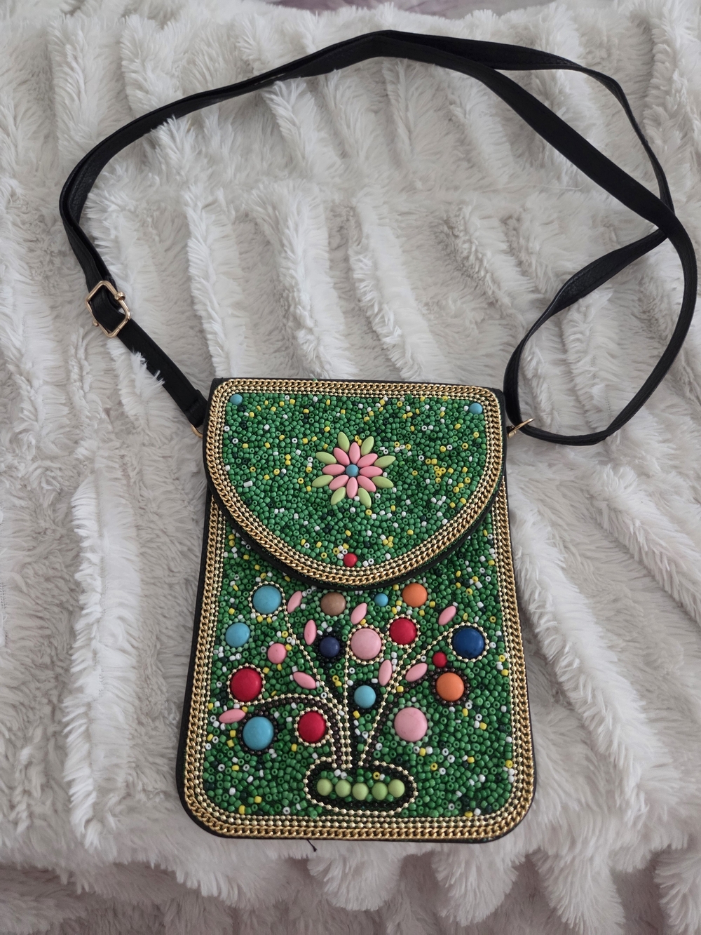 Green Beaded Floral Crossbody Bag with Black Strap